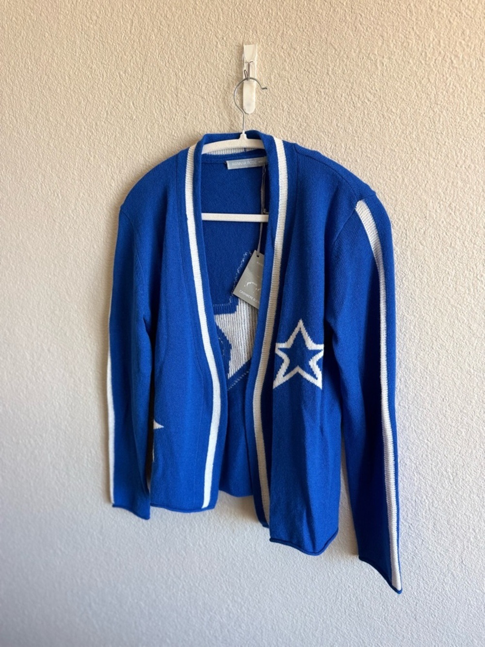 NWT Hannah Rose Merino Wool & Cashmere Open Front Cardigan Blue & White Medium - Picture 6 of 8